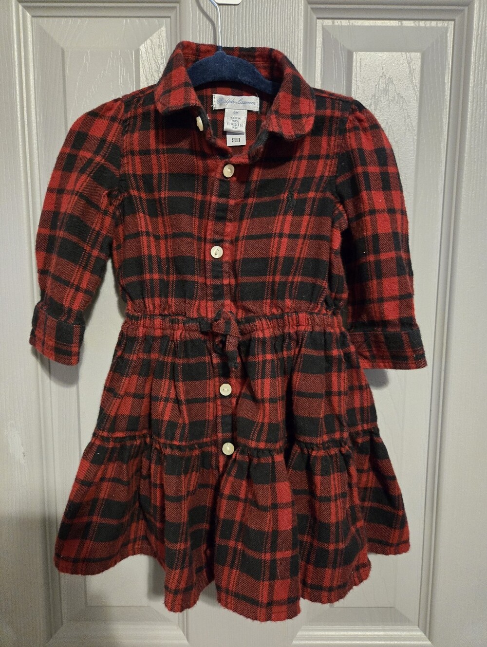 Ralph Lauren Red and Black Plaid Tiered Button-Up Dress with Tie
